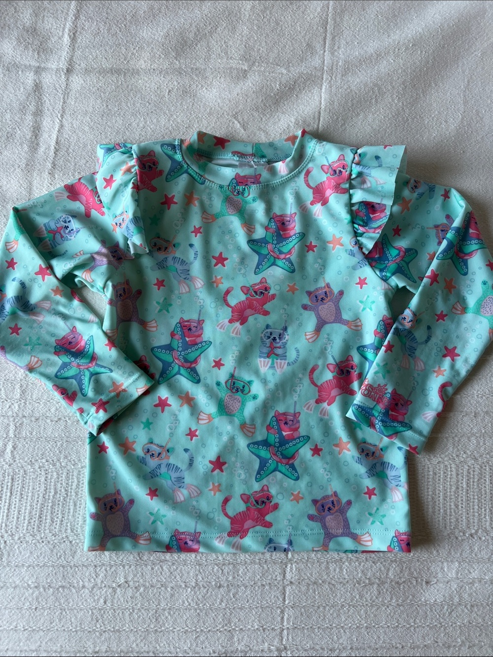 Kids Mint Green Long Sleeve Swim Rashguard with Cat & Starfish Print